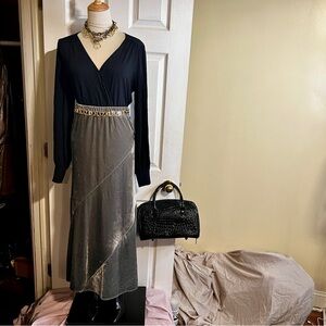 Front Row Shop Womens Gray Bias Asymmetric Cut Velvet Midi Boho Casual Skirt M/L